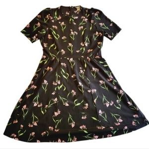 H&m Black Fit And Flare Midi Dress Pink And Green Floral Zip Up Sz14 Cottagecore
